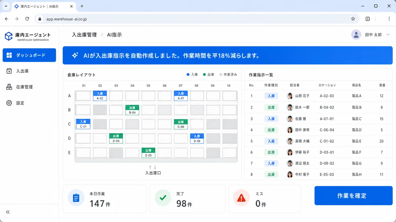 庫内エージェント の画面UIイメージ